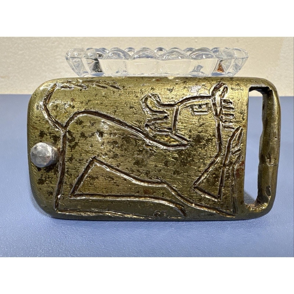 Vintage Brutalist Brass Belt Buckle Abstract Etched Figure Mid Century Modern